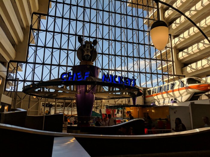 Chef Mickey's and monorail inside Disney's Contemporary Resort