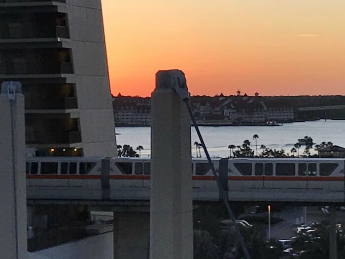 Bay Lake Tower view of Contemporary Resort, Grand Floridian, monorail and sunset