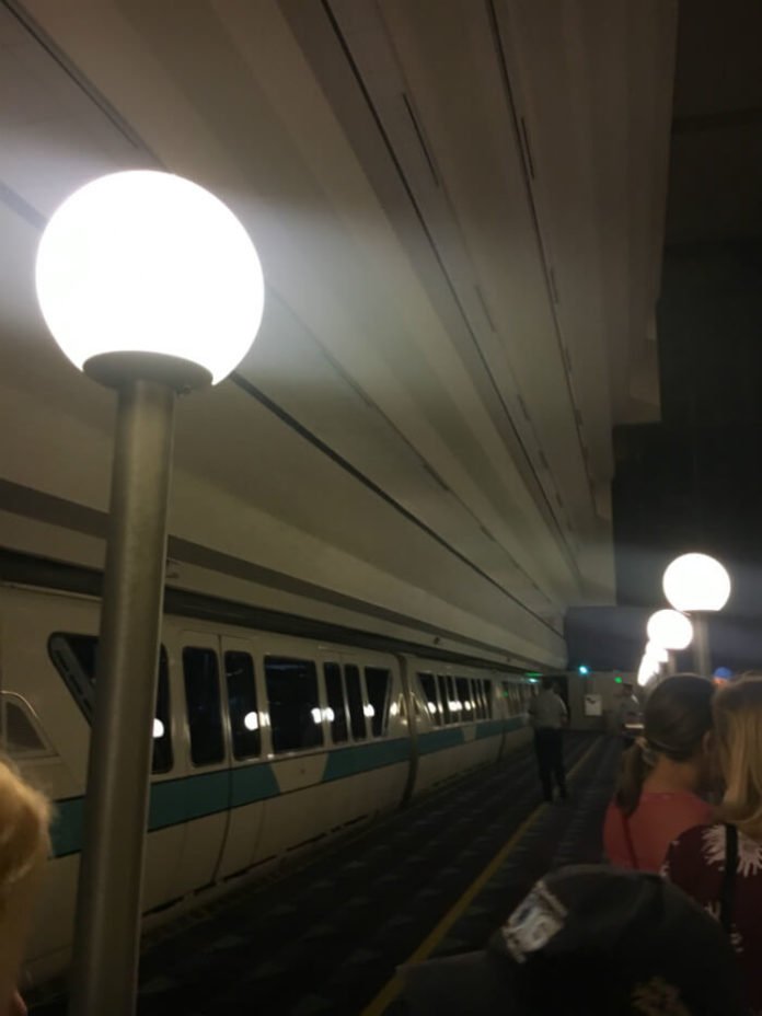 monorail inside Disney's Contemporary Resort at night