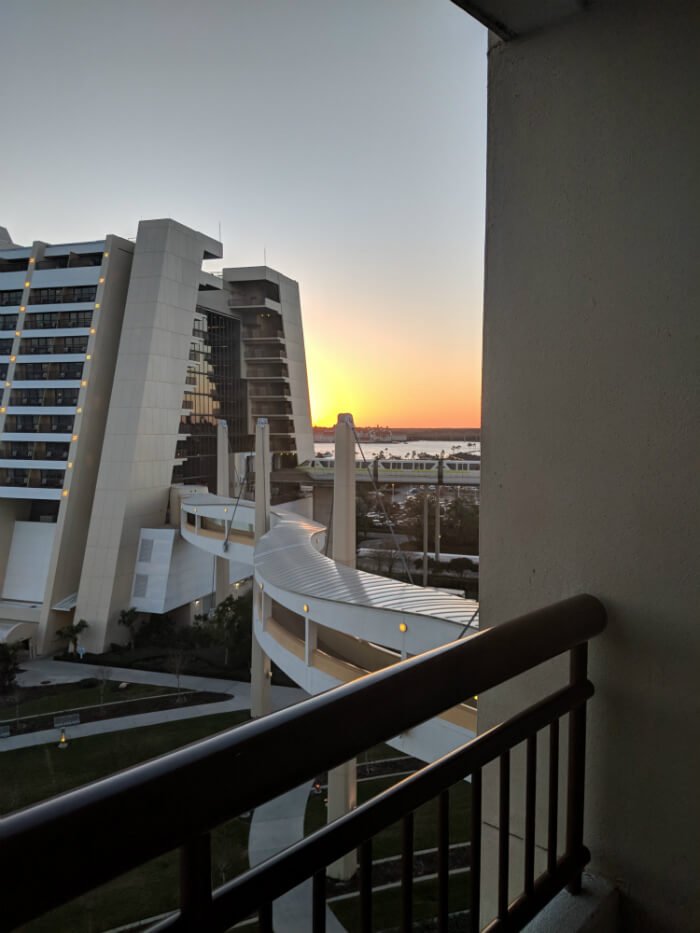 view from Bay Lake Tower of walkway and Disney's Contemporary Resort