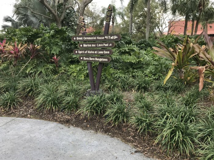 Polynesian Village Resort sign to Great Ceremonial House, Marina, Pool, Luau Cove, Bungalows