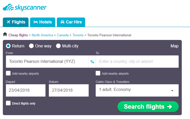 Instructions to get cheaper flights out of Toronto Ontario Canada