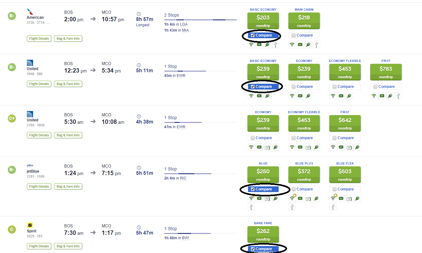 Comparing flights between different airlines, seat choice, entertainment, TV