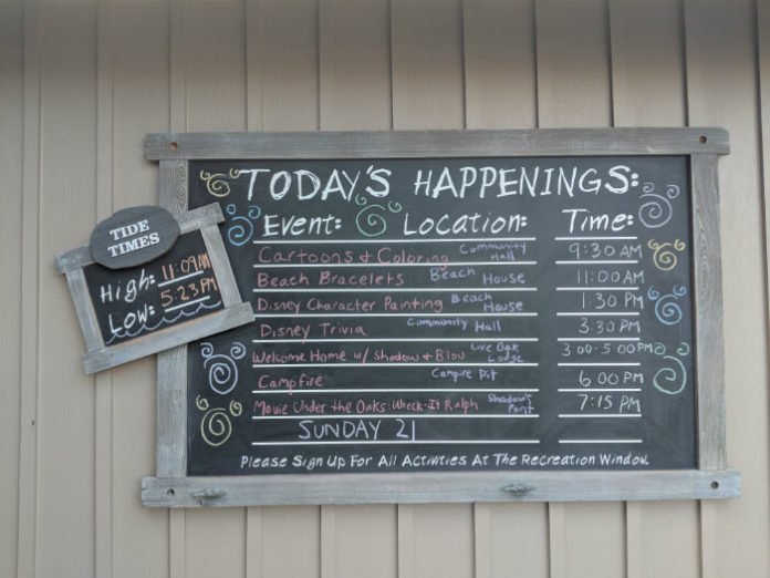 Disney's Hilton Head Resort activities board cartoons, coloring, Disney trivia, campfire