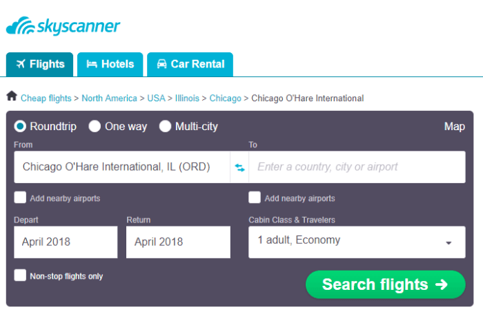 Online tool to help you find cheap flights from Chicago Illinois