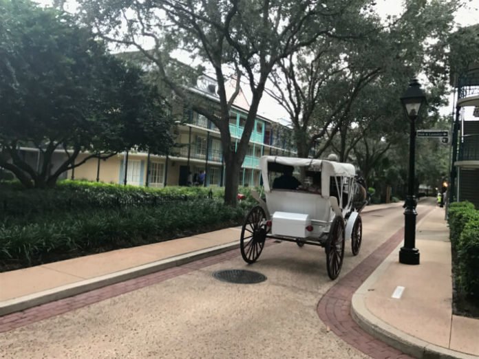 horse carriage Port Orleans French Quarter Disney resort hotel grounds