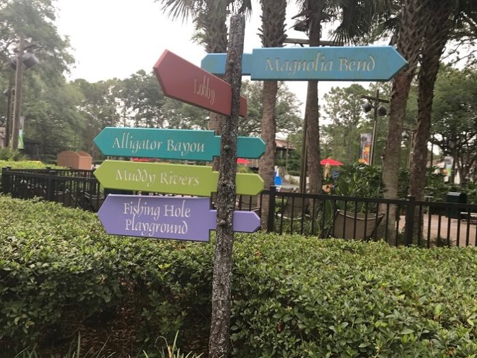 signs at Port Orleans Riverside for Magnolia Bend, lobby, Alligator Bayou, Muddy Rivers, Fishing Hole Playground