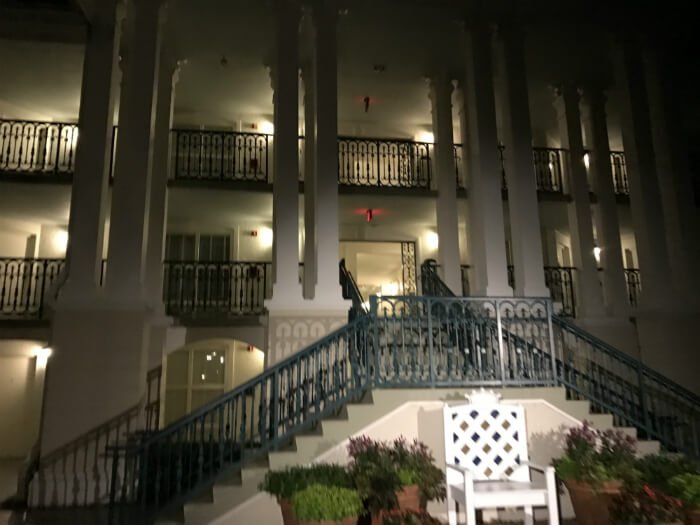 outside Port Orleans Riverside hotel at night at Disney World