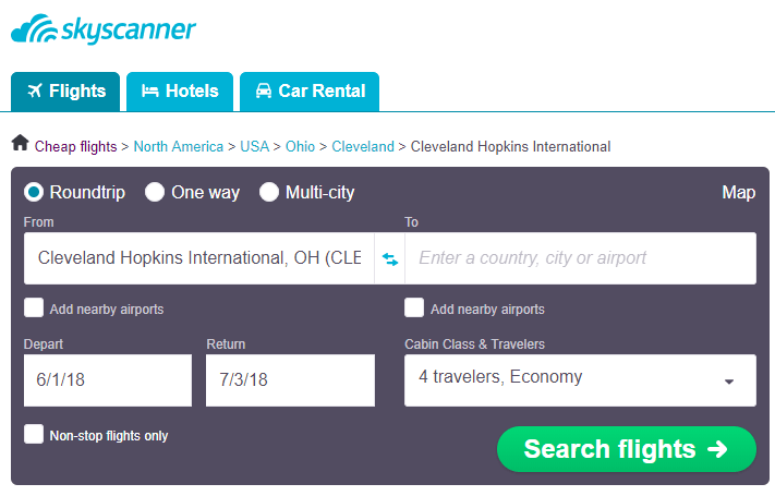 Use Skyscanner to help you find cheapest flights from Cleveland to anywhere in the world