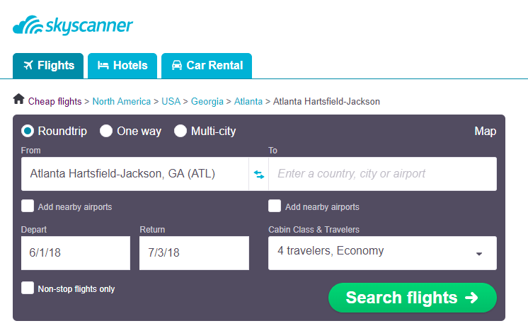 Skyscanner flight tool how to get cheap airfare from Atlanta Hartsfield Jackson