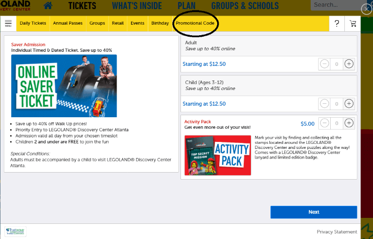 How to use a promotional code on LEGOLAND Discovery Center Atlanta's website