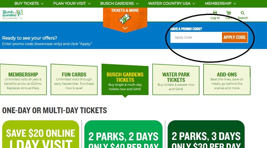 Step by step instructions to use promo code for Busch Gardens Williamsburg