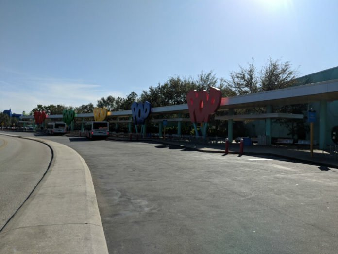 Disney World bus stop outside Disney's Pop Century Resort hotel