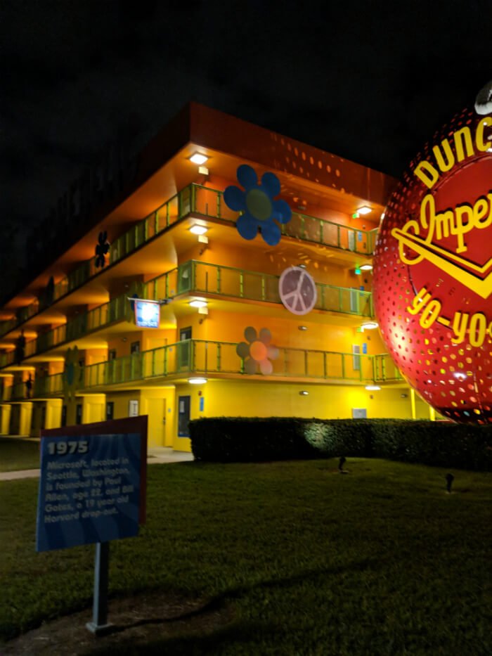 Disney's Pop Century resort hotel building, giant yo-yo, 1975 fact sign