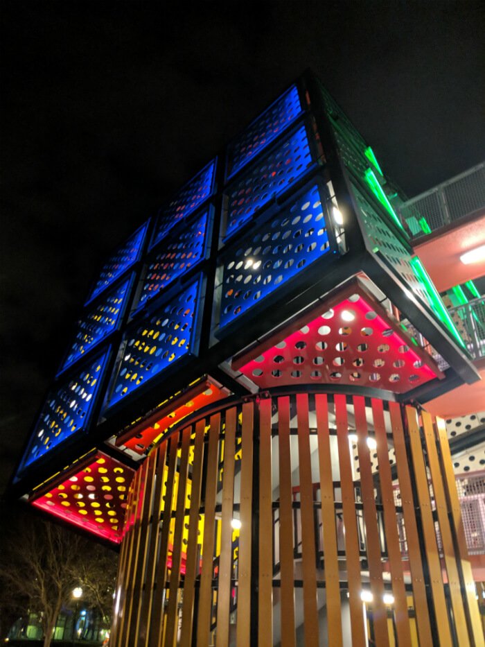 Rubik's Cube covering stairs outside hotel building at Disney's Pop Century Resort