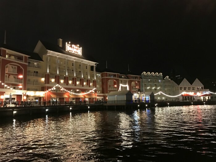 Disney's Boardwalk Inn hotel at night