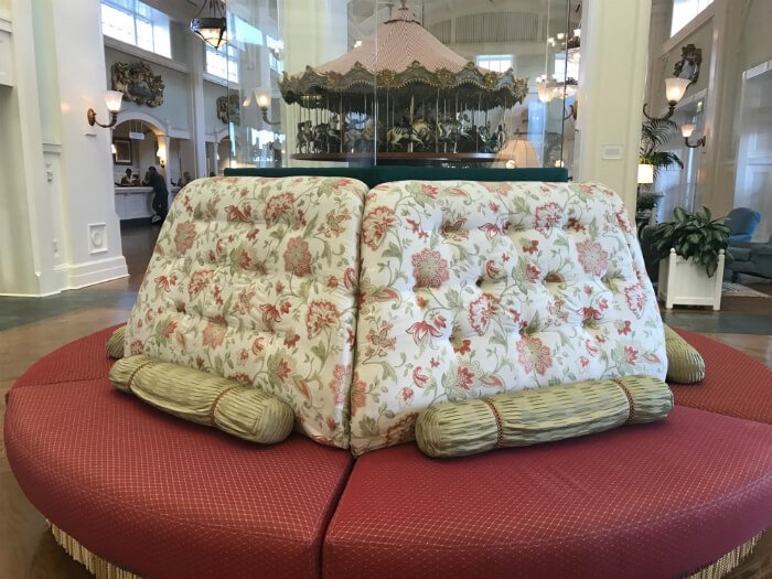 Carousel replica & comfortable sofa in Disney's Boardwalk Inn's lobby