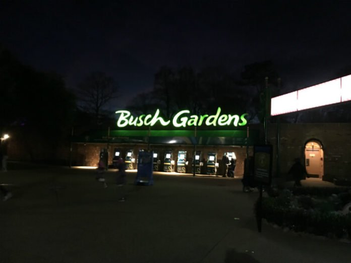 outside Busch Gardens theme park in Williamsburg Virginia at night