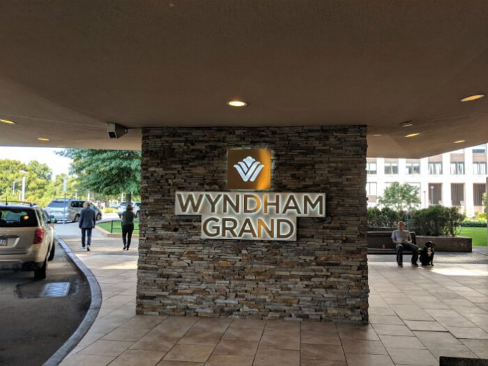 Wyndham Grand sign in front of hotel in downtown Pittsburgh