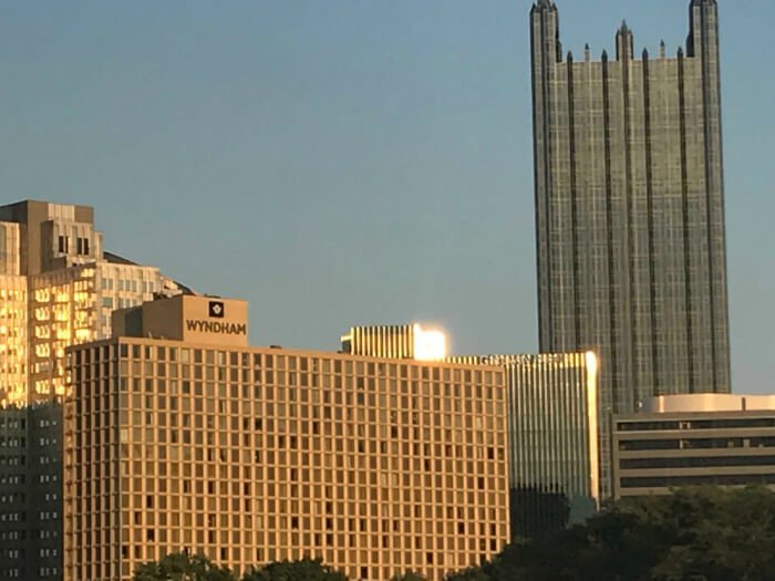 Wyndham Grand Pittsburgh Downtown exterior as part of Pittsburgh skyline