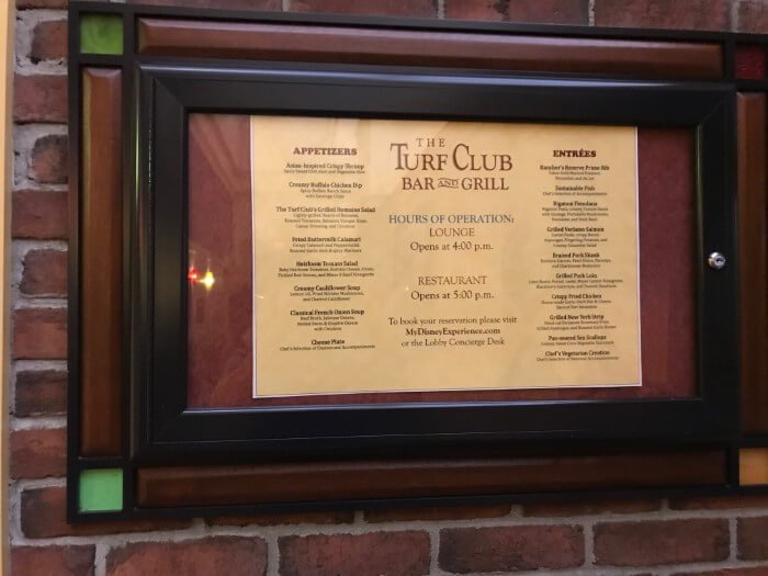 the Turf Club Bar and Grill menu at Disney's Saratoga Springs Resort