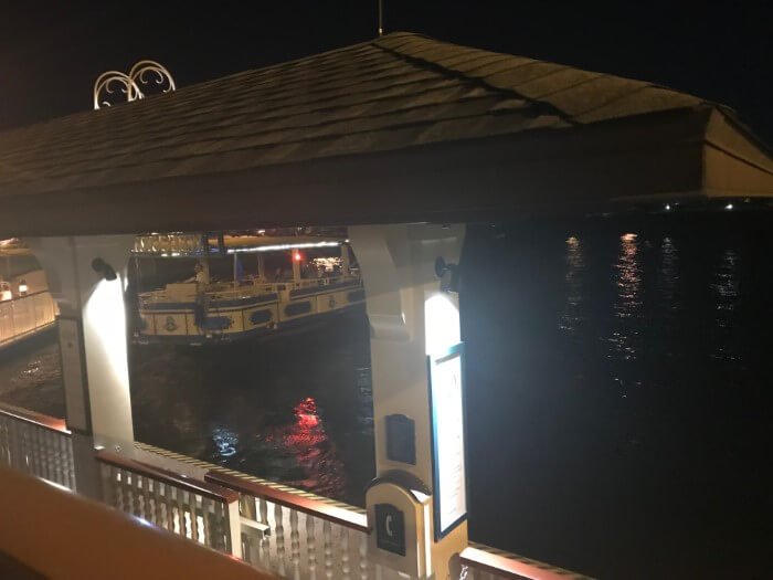 boat to and from Saratoga Springs hotel & Disney Springs at night