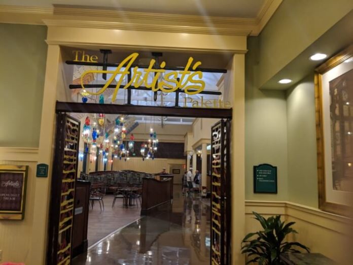 The Artist's Palette food court entrance at Saratoga Springs resort at Disney World