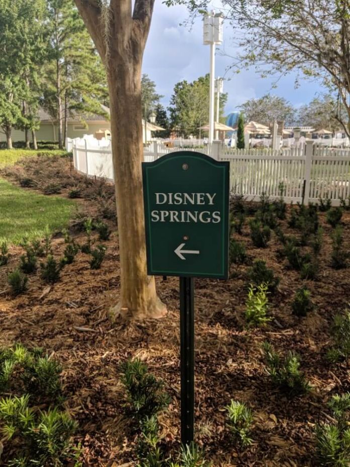 Disney Springs sign outside Saratoga Springs Resort hotel