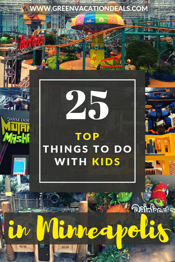 Top 25 things to do with kids in Minneapolis/Twin Cities Minnesota: theme parks, water park, mirror maze, flight simulation experience, gaming, bowling, laser tag, skating, zip lining, horseback riding, virtual reality, snorkeling with fish, go-karting, skiing, etc