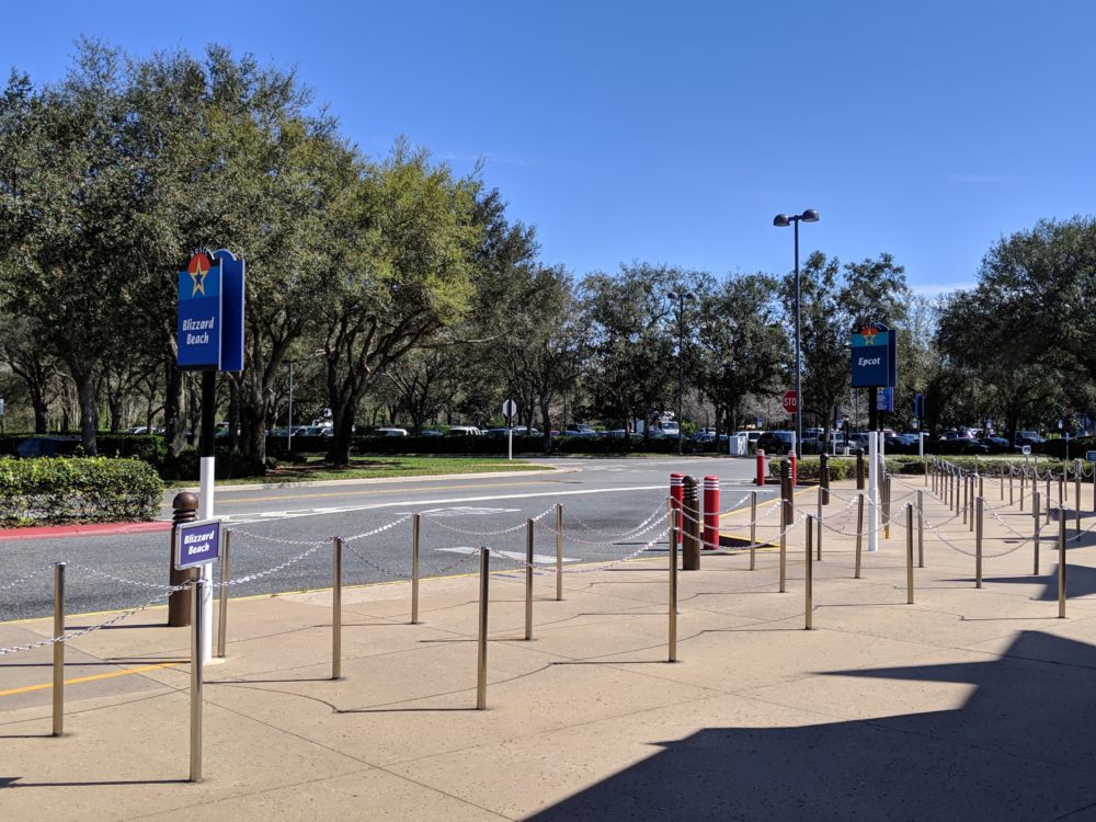 Line for EPCOT and Blizzard Beach theme parks at DIsney World value hotels