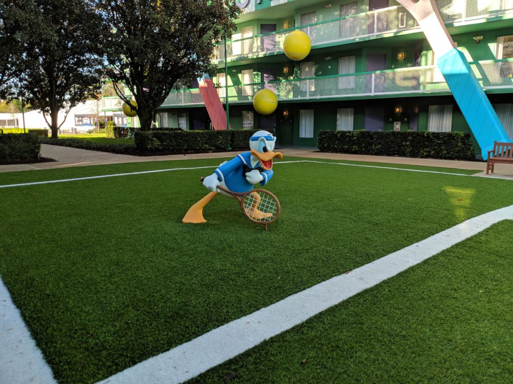 Donald Duck is in tennis section of Disney World's All Star Sports Resort