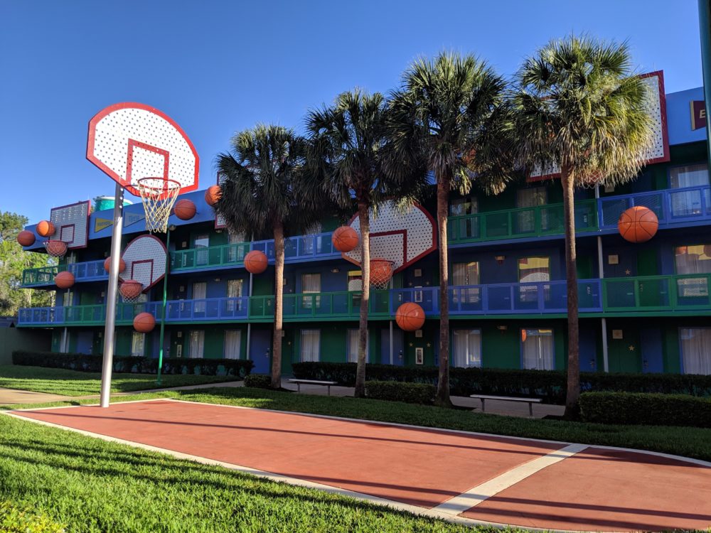 Beautiful colors & basketball theming make up Hoops Hotel at Disney All Star Sports Resort