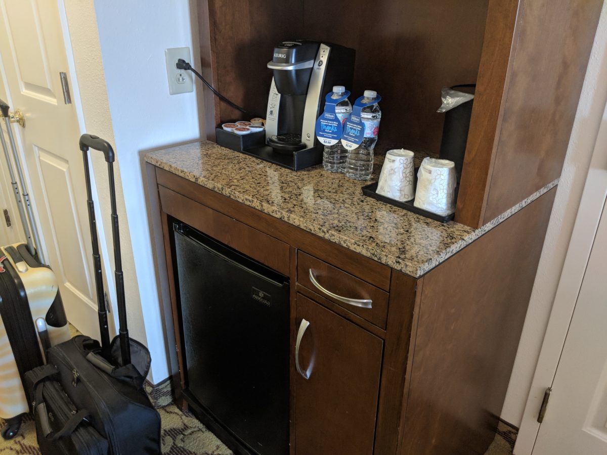 A picture of the coffee maker & refrigerator at SeaWorld Orlando hotel Hilton Garden Inn