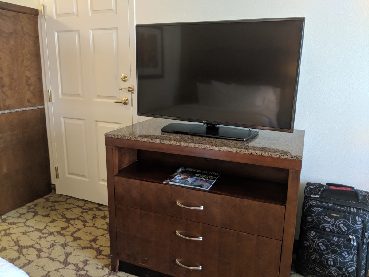 Large TVs make up the guest rooms at Hilton Garden Inn in Orlando, Florida within walking distance of theme parks