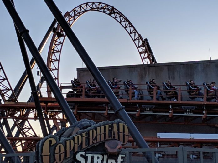 Picture of Copperhead Strike, Carowinds theme park's newest roller coaster. Find out how you can get Carowinds discounted tickets.