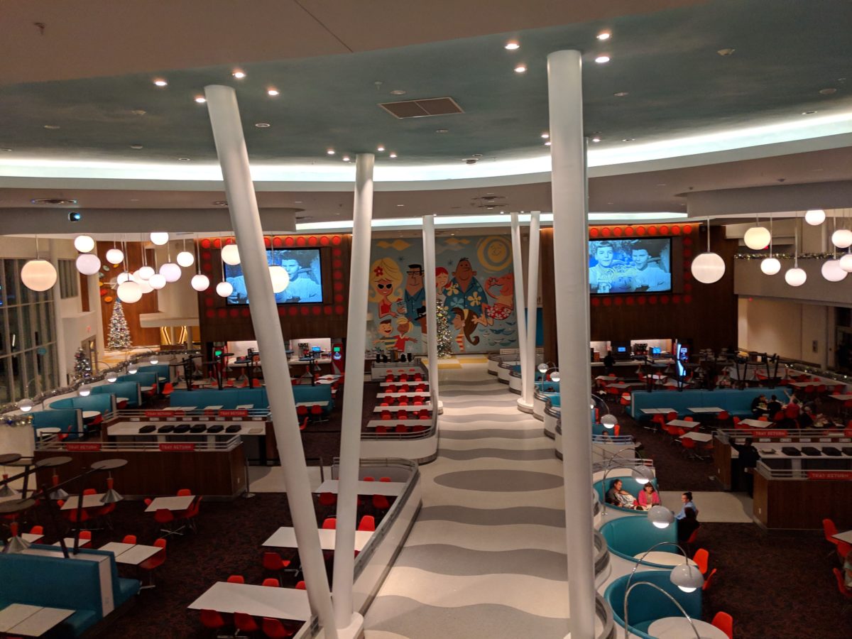 See the tables, retro commercials at Bayliner Diner at Universal's Cabana Bay Beach Resort In Orlando, Florida