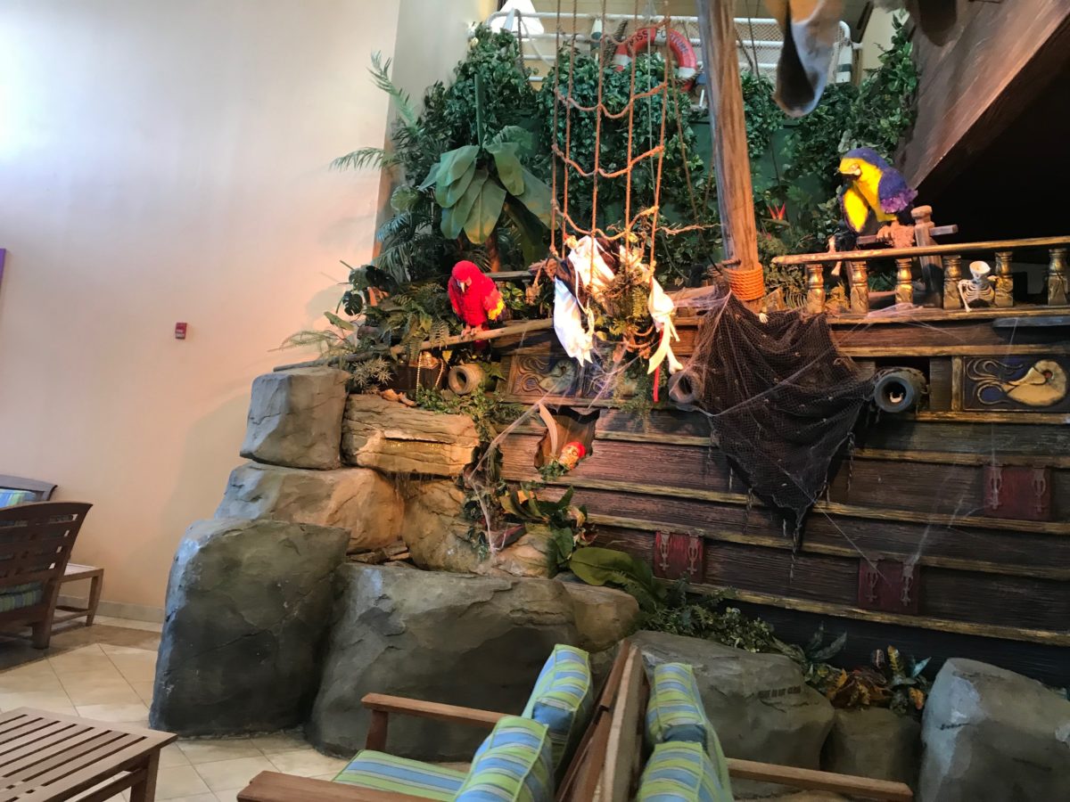 Kids can have fun exploring the pirate ship in the lobby at Cedar Point's Caribbean themed hotel Castaway Bay