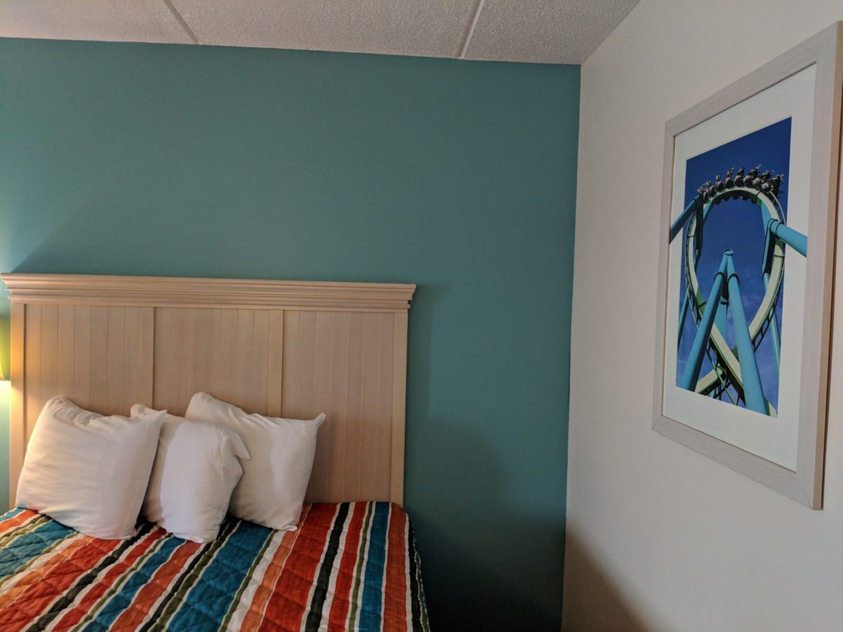 Pictures of roller coasters from Cedar Point are on the walls of rooms at Castaway Bay Resort