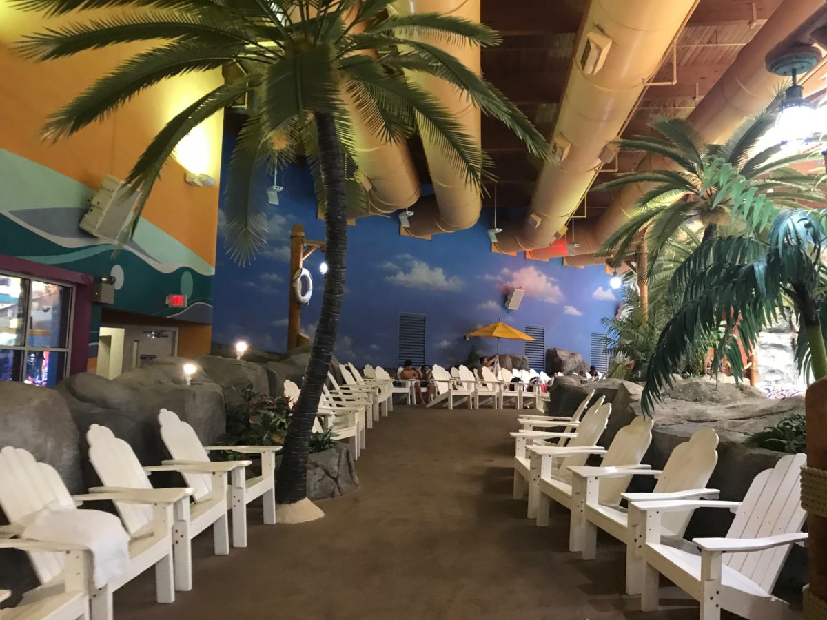 Adults can relax on the chairs while the kids play at the water park at Castaway Bay in Sandusky Ohio