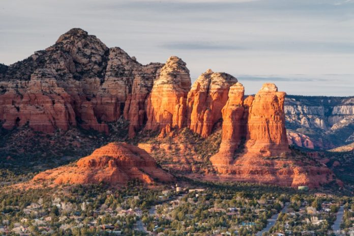 View from Airport Mesa in Sedona at sunset in Arizona, USA. Learn how to win a free trip there