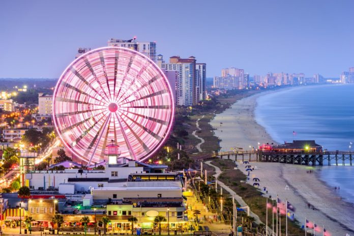 Myrtle Beach, South Carolina, USA city skyline. Find out how to get a discounted rate at a top Myrtle Beach hotel