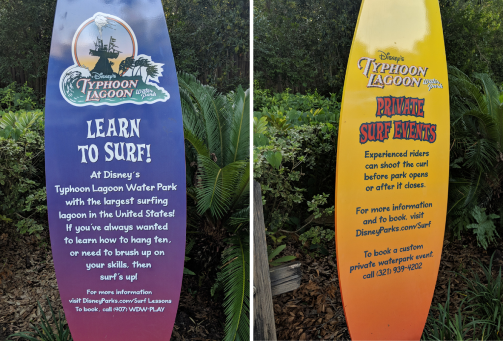 Typhoon Lagoon surfboards advertising surfing classes and private surf events before or after hours at the water park