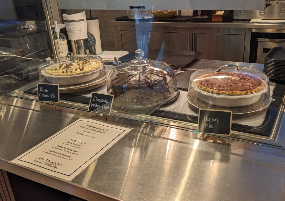 A picture of chocolate fudge cake, pecan pie & rum cream pie at the Museum Cafe at the Art Museums in Williamsburg, Virginia
