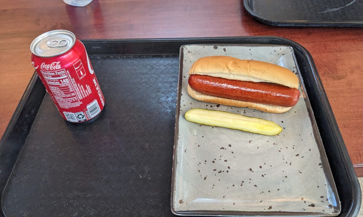 A picture of an all beef frank hot dog we got from the Museum Cafe in Williamsburg, Virginia