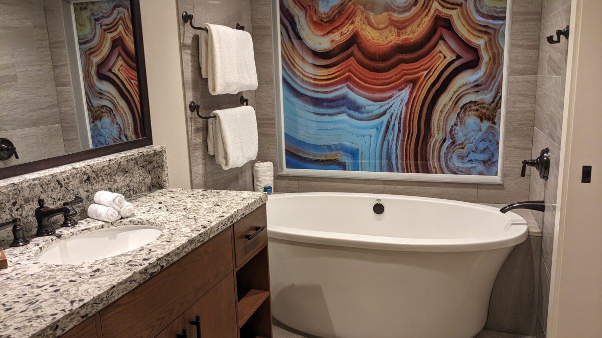 The Copper Creek two bedroom villas at Wilderness Lodge have a master bathroom with a bath tub