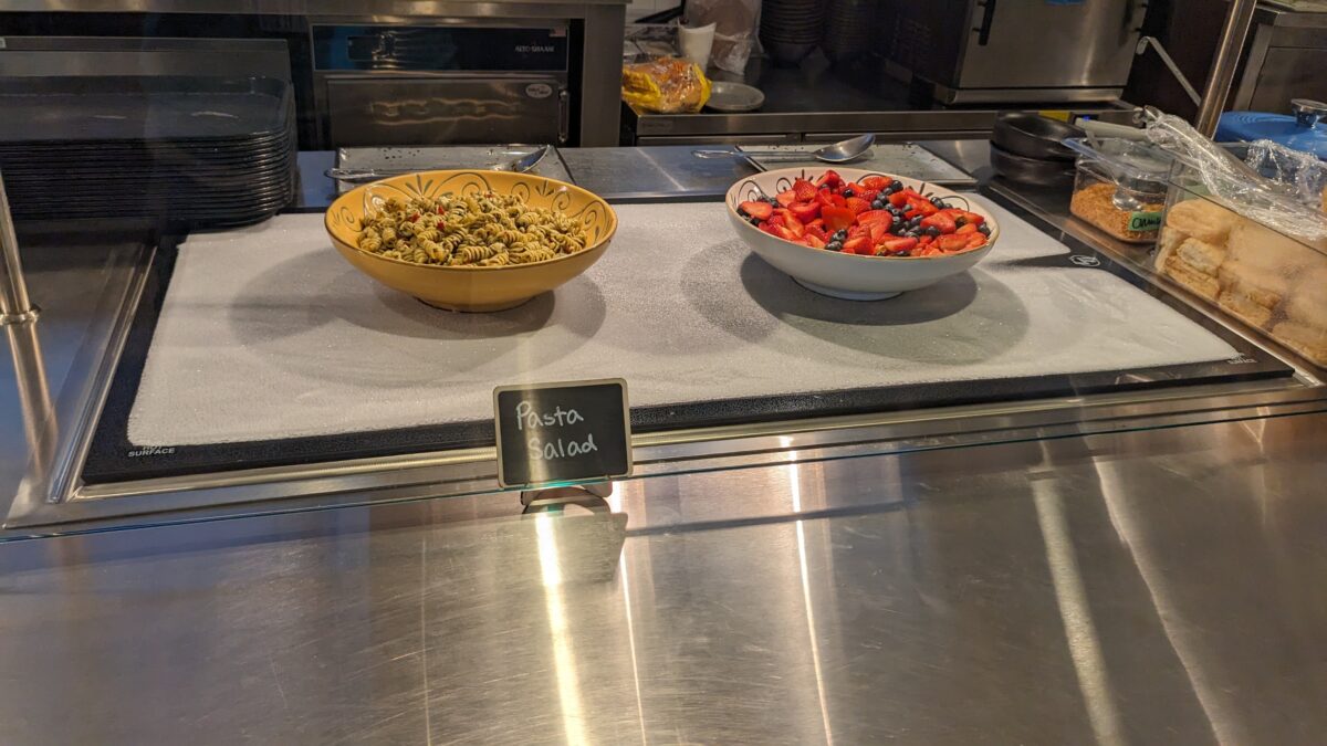 A picture of the pasta salad and strawberries at Museum Cafe in Williamsburg, Virginia