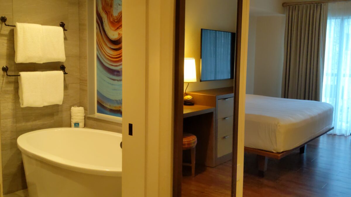A picture of the bathroom off the master bedroom at a Copper Creek two-bedroom villa at Disney's Wilderness Lodge in Orlando, Florida