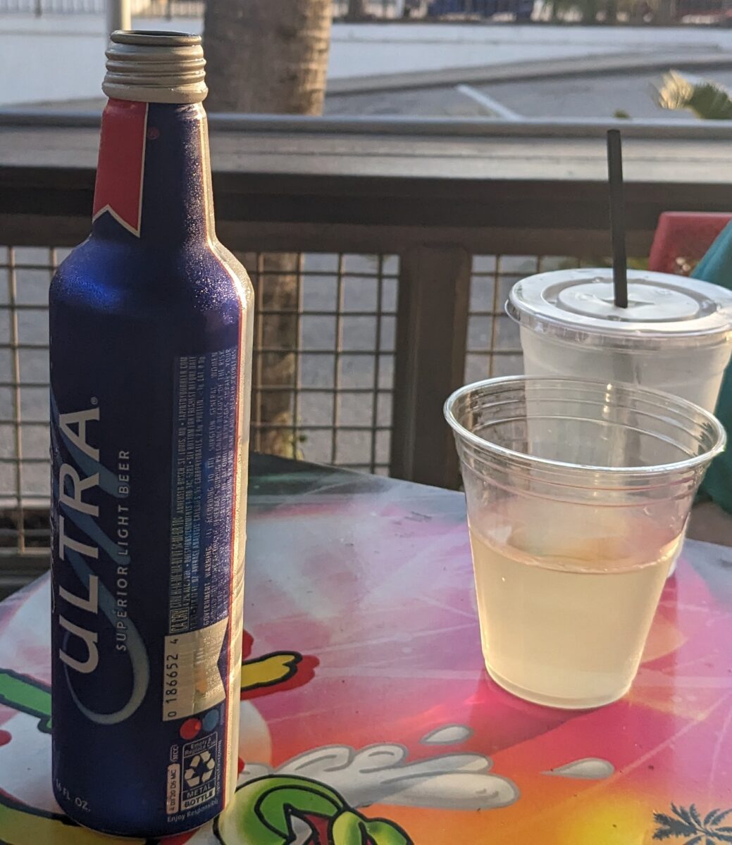 A picture of wine and beer my family ordered at Loco Gecko Beach Shak in Myrtle Beach, South Carolina