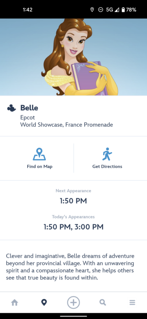 Times you can meet Belle in Epcot at Walt Disney World, listed in the My Disney Experience app