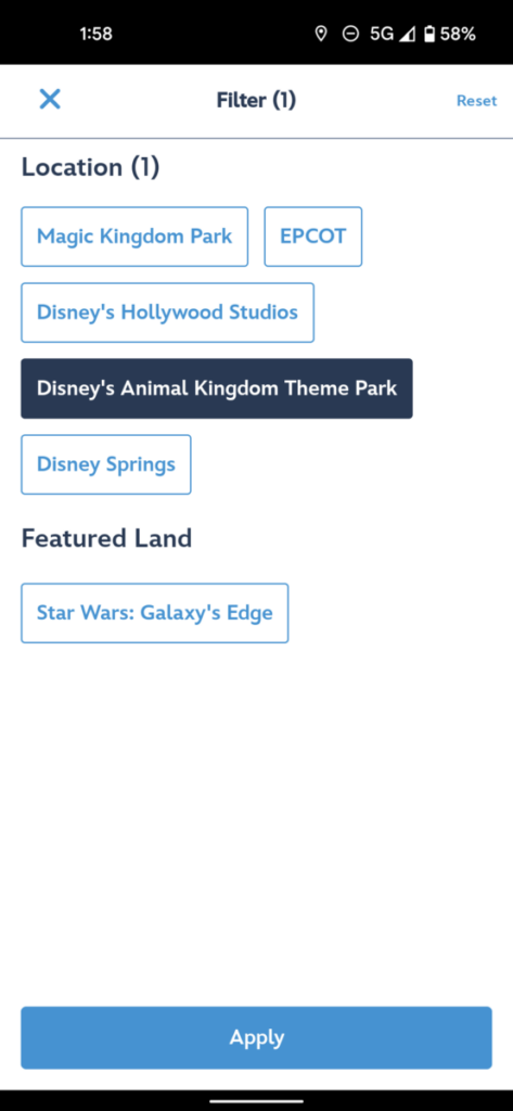 How to filter the map on the My Disney Experience app by area in Walt Disney World
